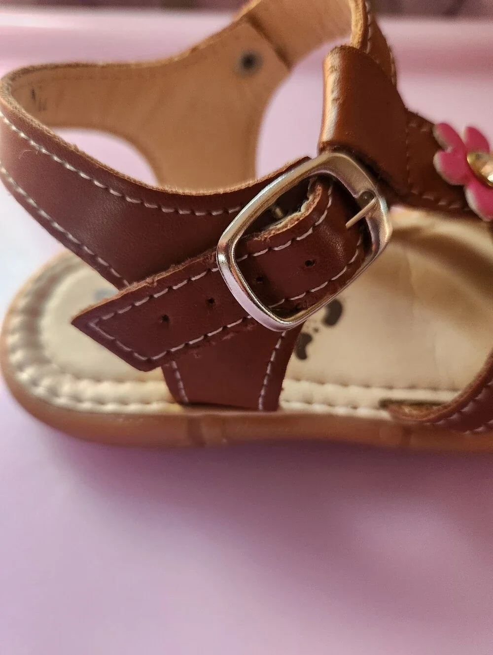 Mezitas - Brown Girls Sandals with Pink & Yellow Flower Accents - Toddler Size 8